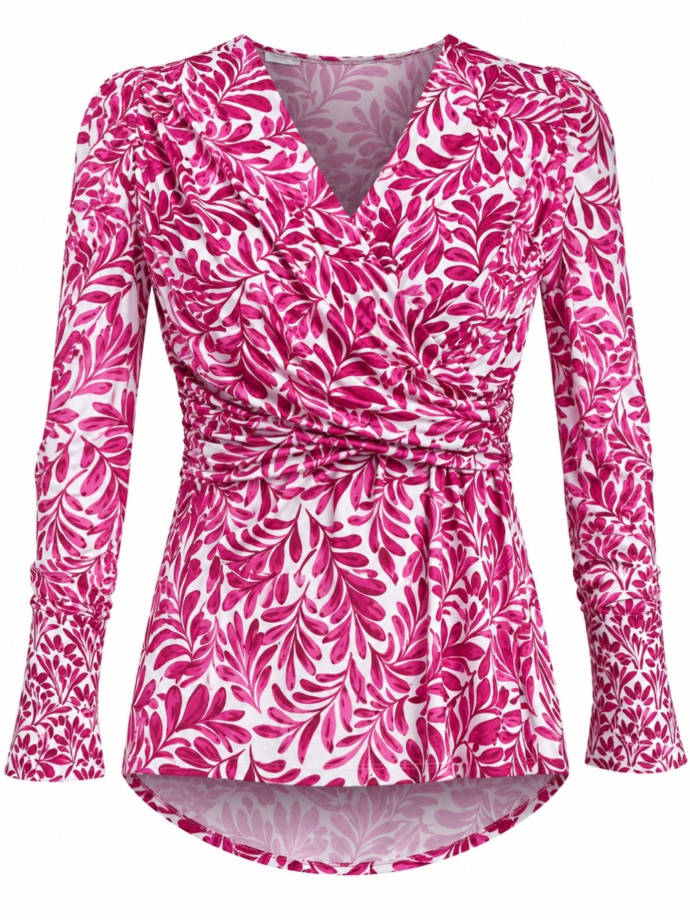 Hale Bob Pink Leaf Print Surplice V-Neck Long Sleeve Top Size L